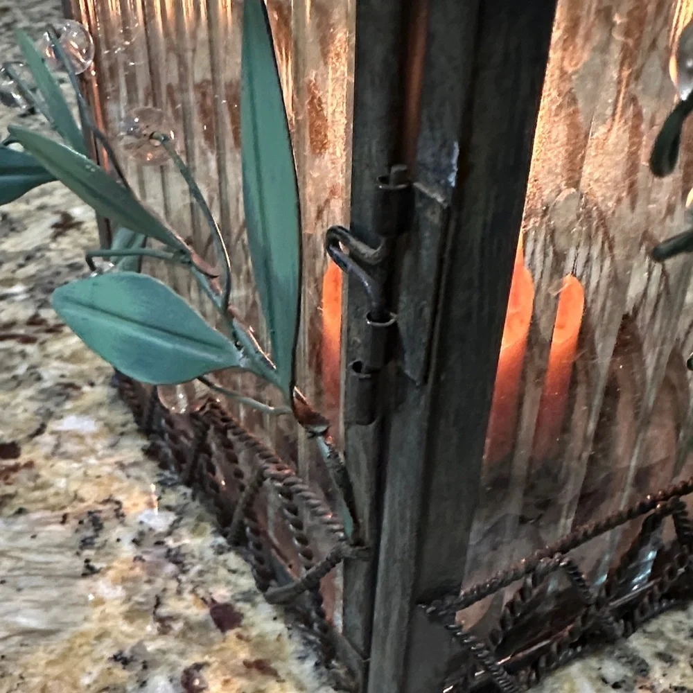 PartyLite Rustic Black Lantern with Green Metal Vines Candle Holder